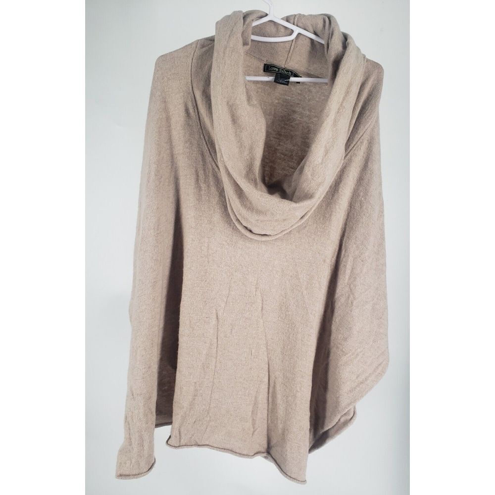 Love Stitch Cowl Neck Poncho One Size Tan Open Sides Boho Angora Wool Nylon